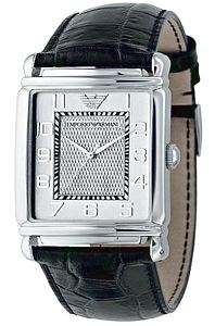Armani Men's Watch - Emporio Armani men's black leather strap watch silver dial
